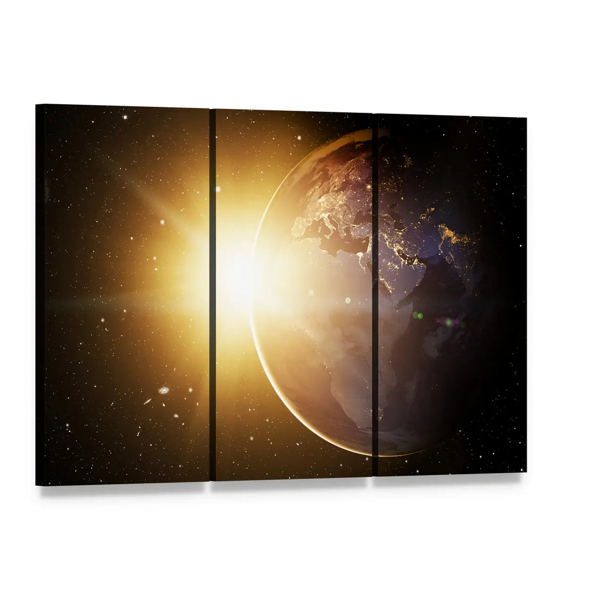 Earth from Orbit at Sunrise Canvas Wall Art, 3 panel 3 Horizontal layout gallery wrapped canvas set, angled product view