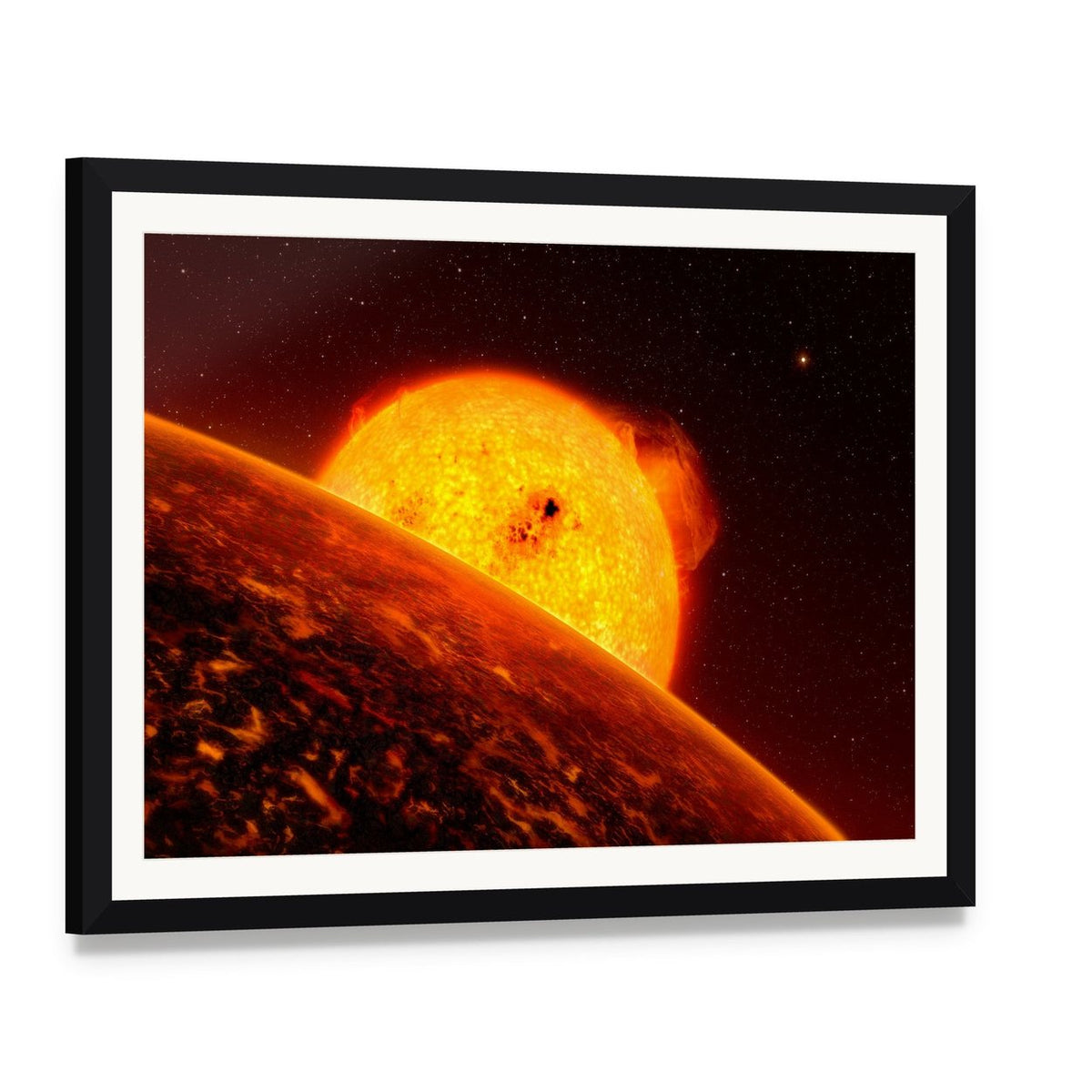 Sun View from Mercury Canvas Wall Art, framed print with white mat and black frame, angled product view