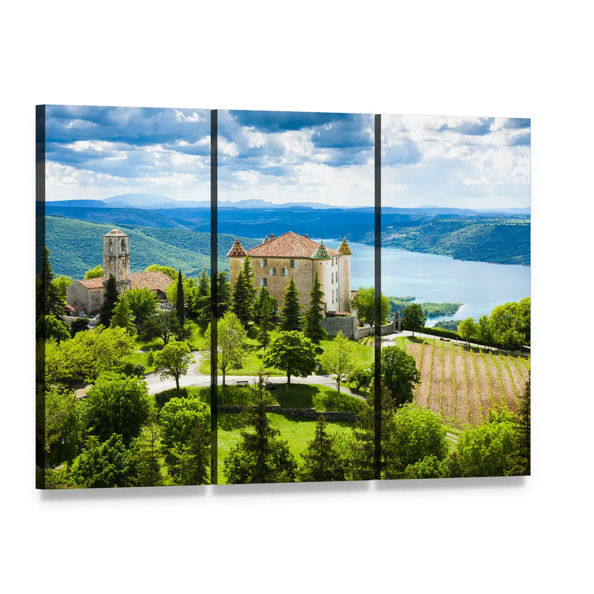 Church Tower Over Lake and Rolling Hills Canvas Wall Art, 3 panel 3 Horizontal layout gallery wrapped canvas set, angled product view