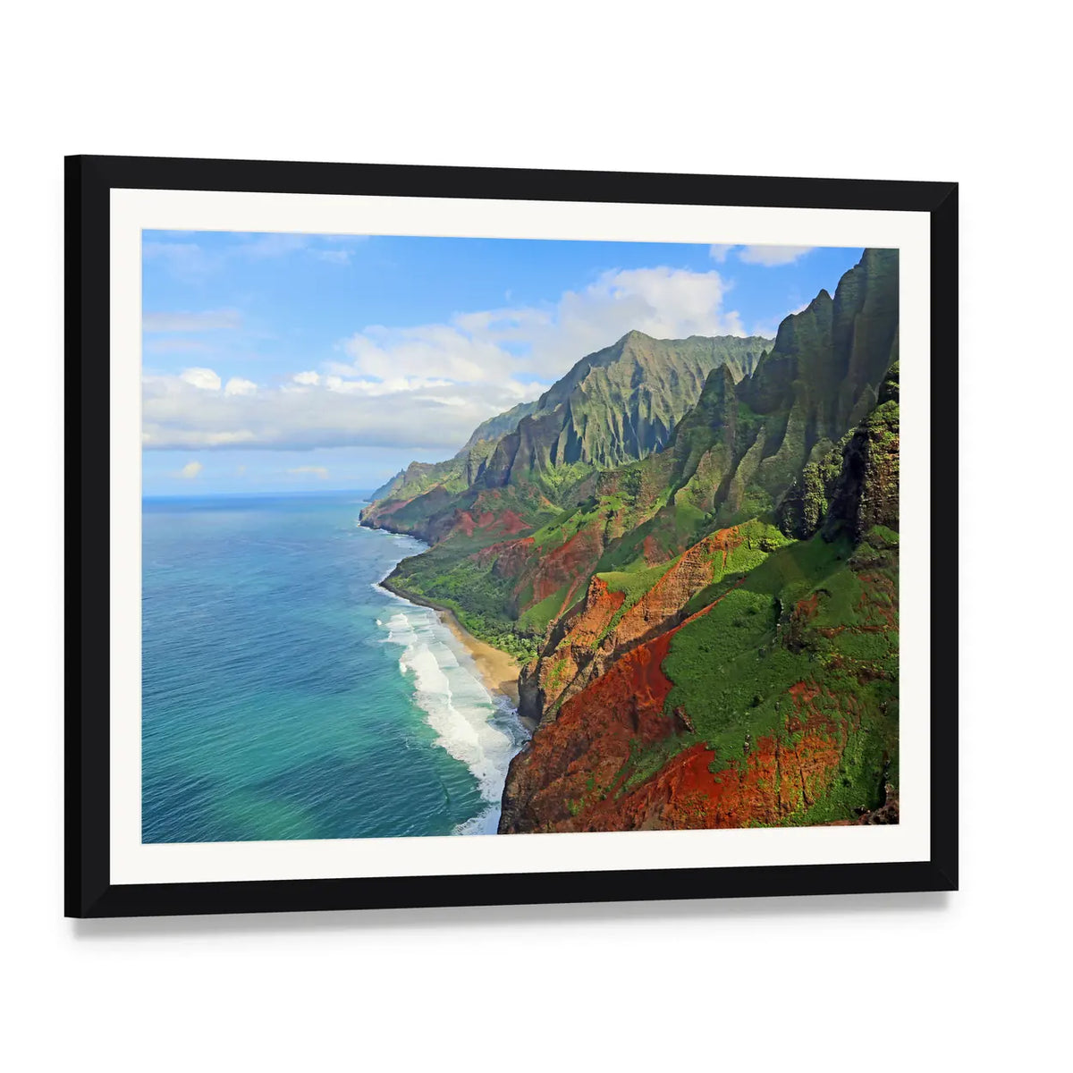Na Pali Coast Aerial Cliffs and Ocean Canvas Wall Art, framed print with white mat and black frame, angled product view