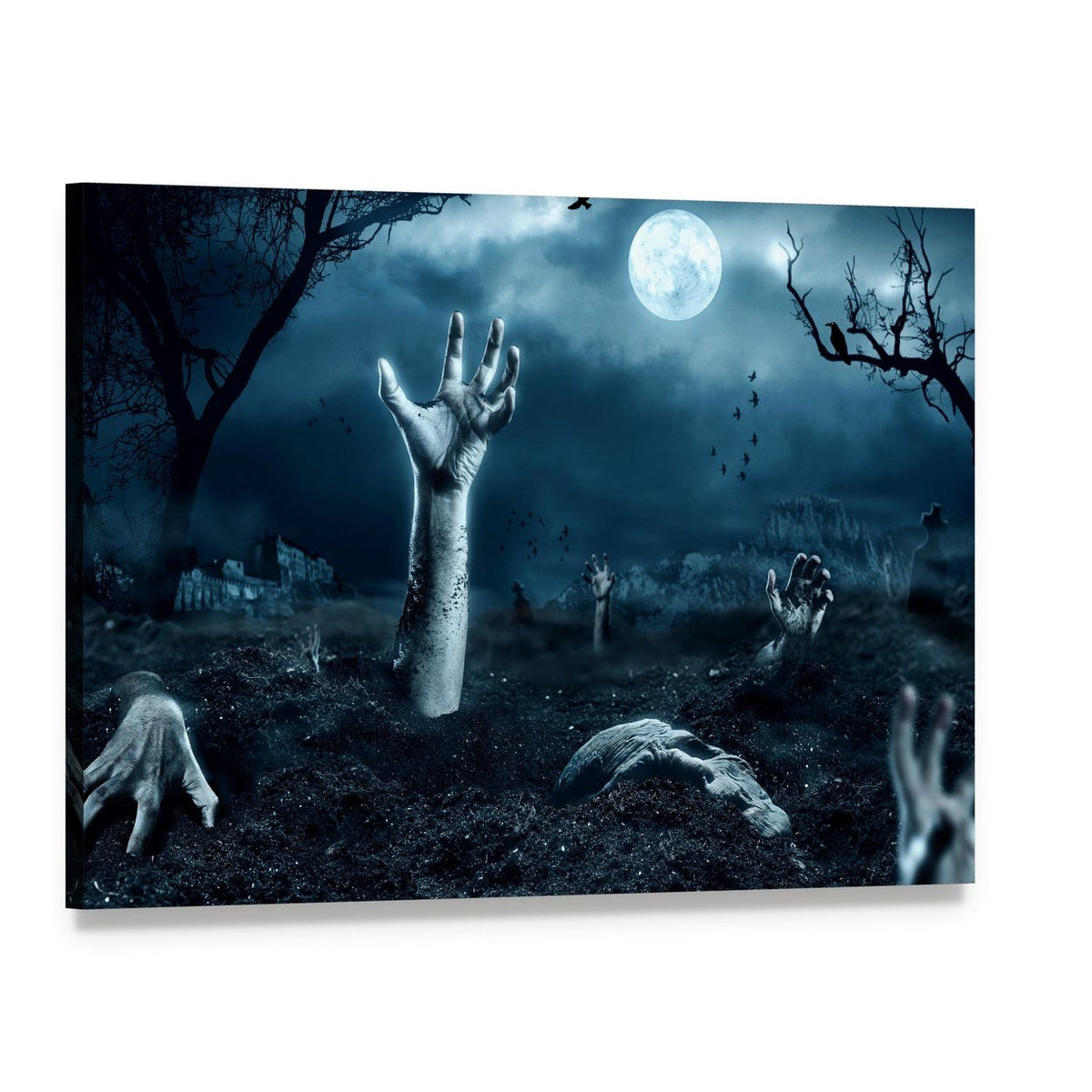 Zombie Hands Rising from the Grave Canvas Wall Art, single panel gallery wrapped canvas, angled product view