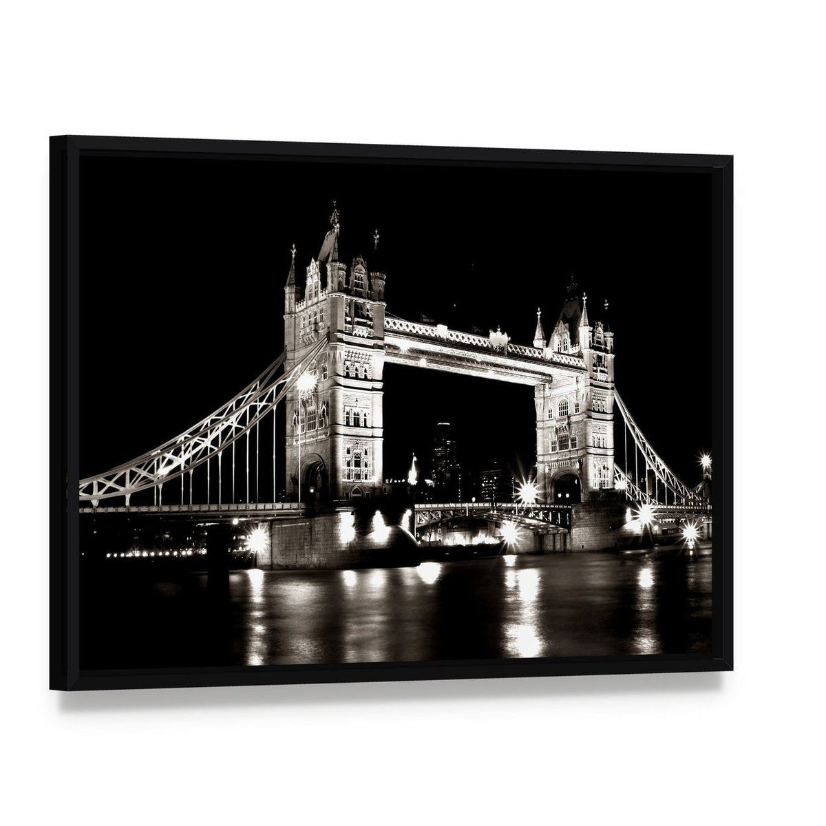 Tower Bridge Night View Canvas Wall Art, framed canvas in a black floater frame, angled product view