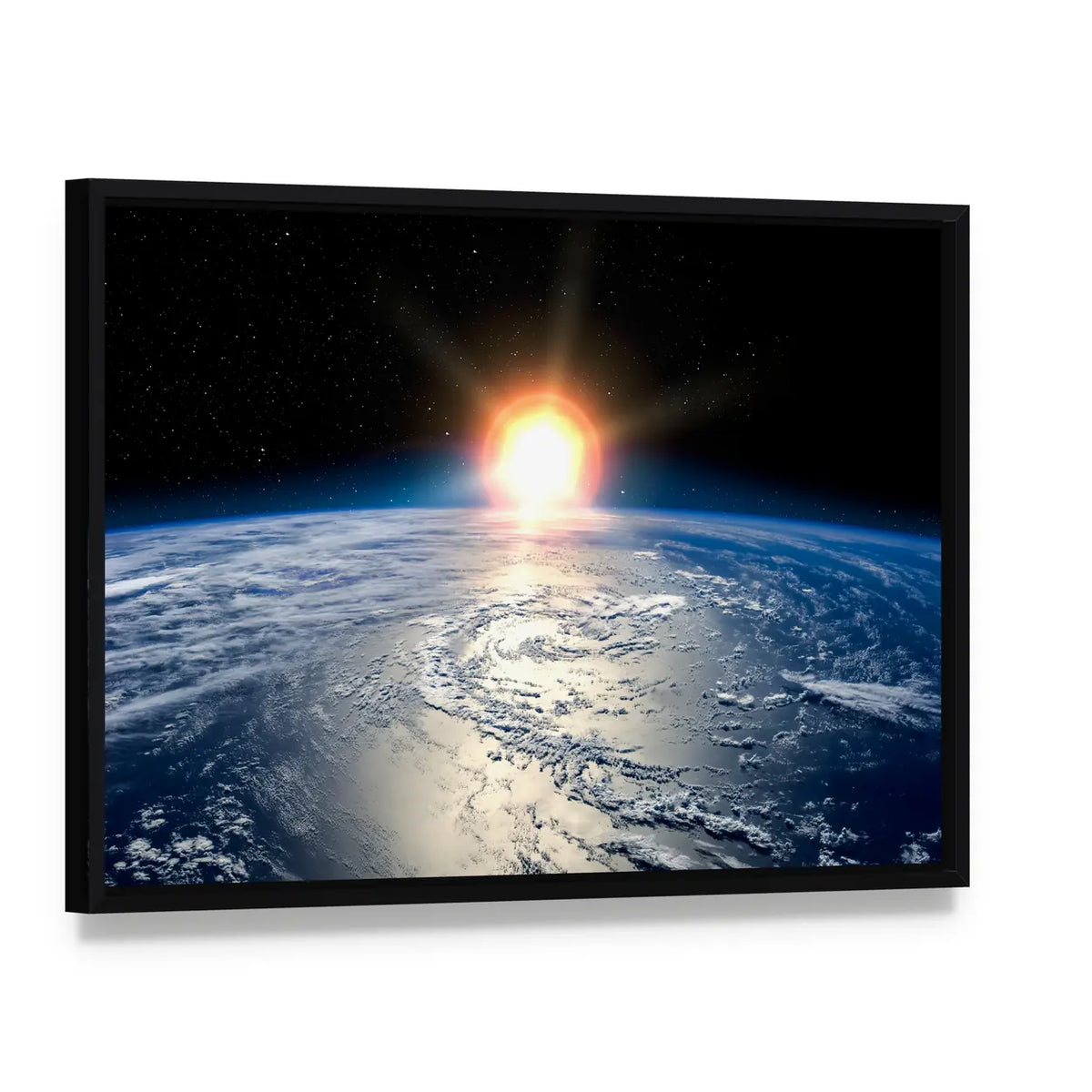 Shining Sun on Planet Earth Canvas Wall Art, framed canvas in a black floater frame, angled product view