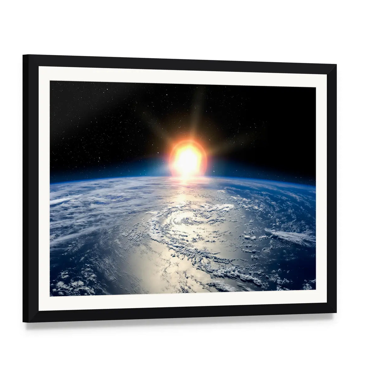 Shining Sun on Planet Earth Canvas Wall Art, framed print with white mat and black frame, angled product view