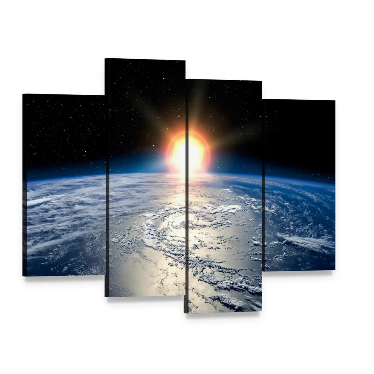 Shining Sun on Planet Earth Canvas Wall Art, 4 panel 4 Pop layout gallery wrapped canvas set, angled product view