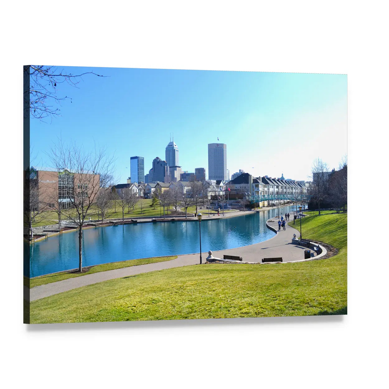 Indianapolis Canal and Skyline Canvas Wall Art, single panel gallery wrapped canvas, angled product view