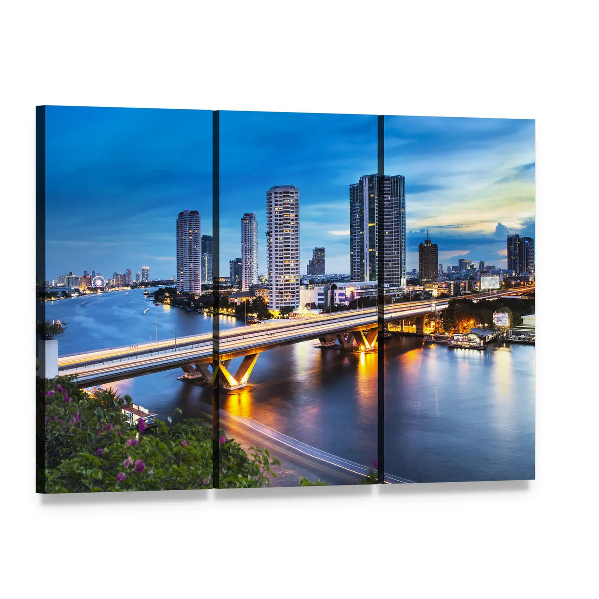 Bridge Over Phraya River Canvas Wall Art, 3 panel 3 Horizontal layout gallery wrapped canvas set, angled product view