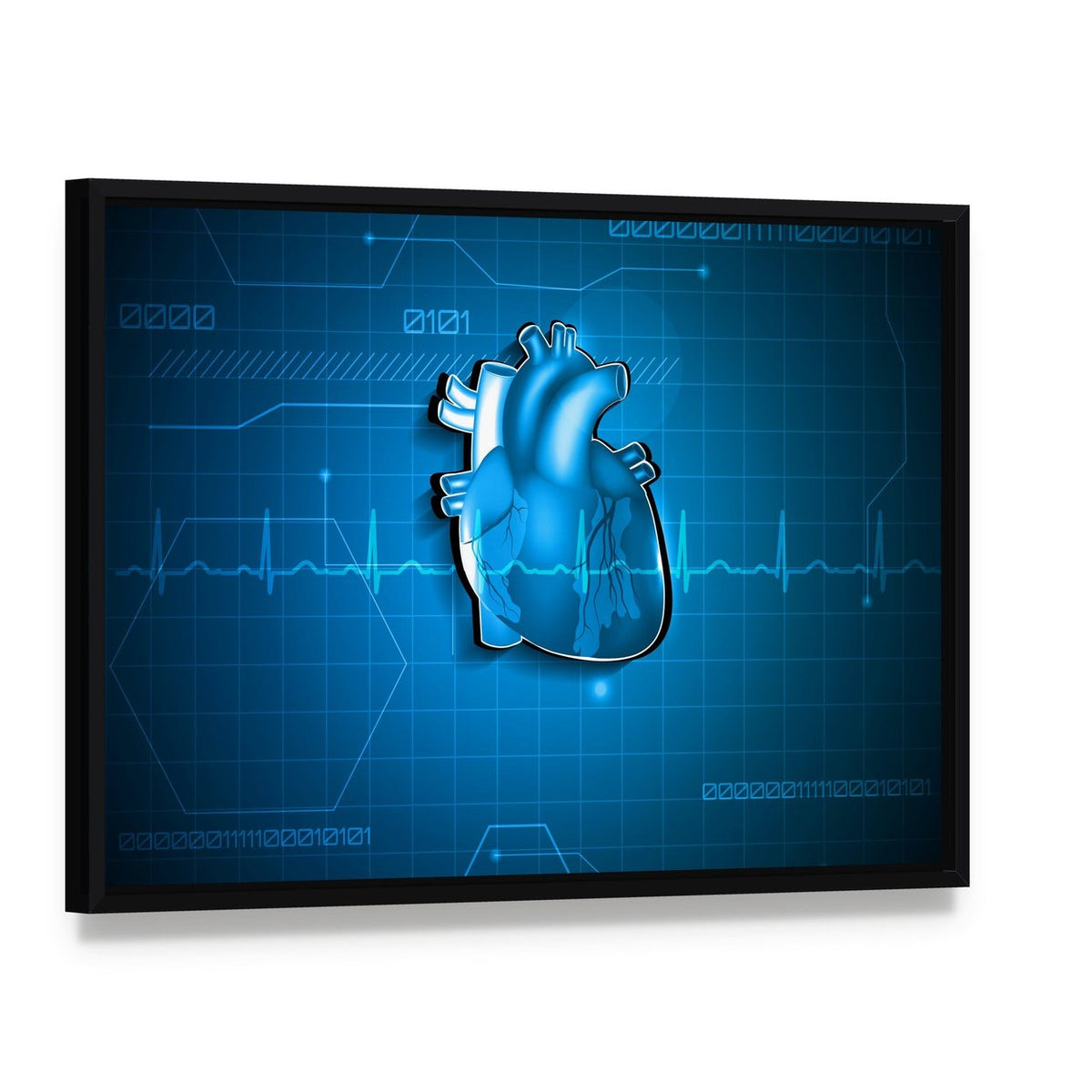 Glowing Blue Heart Data Visualization Canvas Wall Art, framed canvas in a black floater frame, angled product view