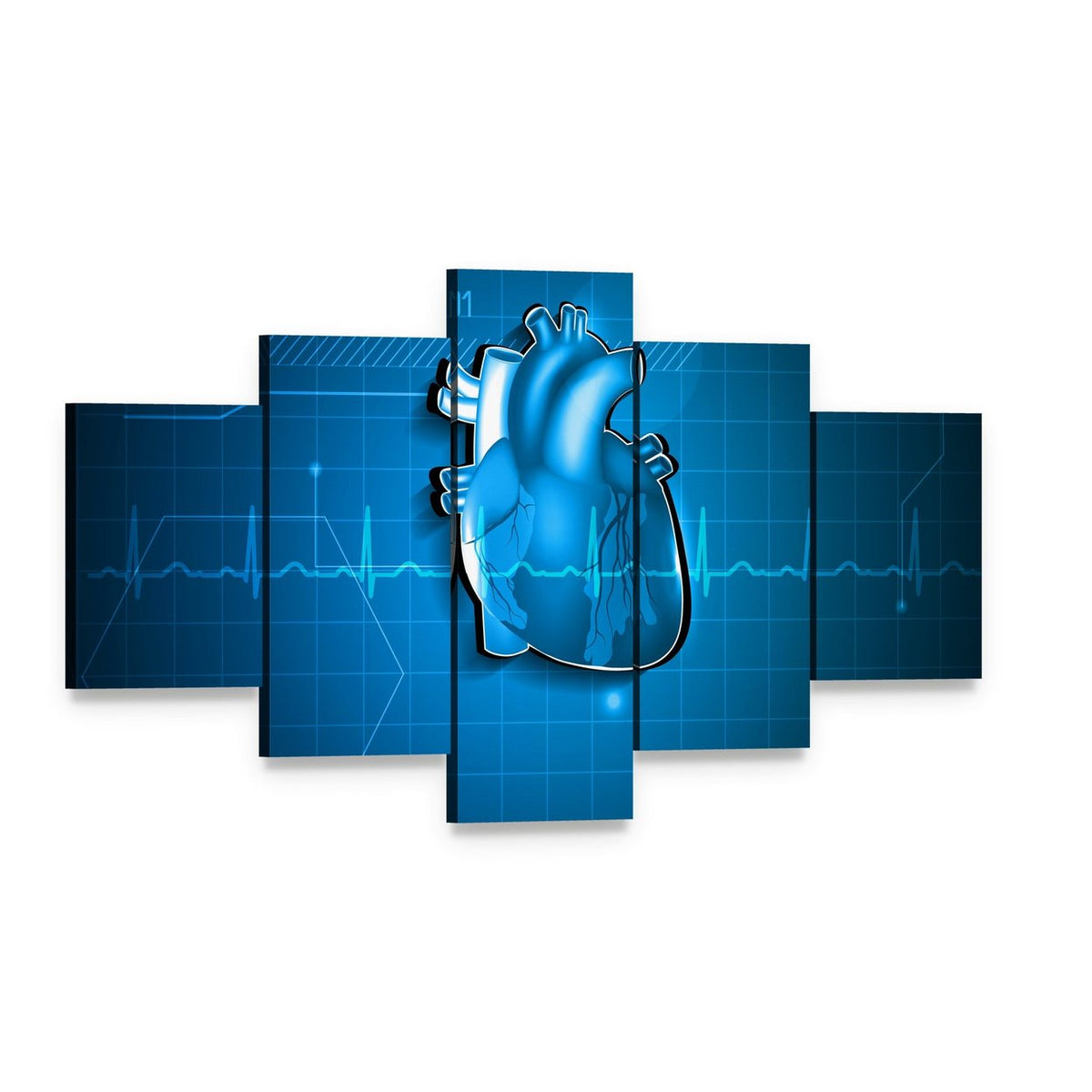 Glowing Blue Heart Data Visualization Canvas Wall Art, 5 panel 5 Star layout gallery wrapped canvas set, angled product view