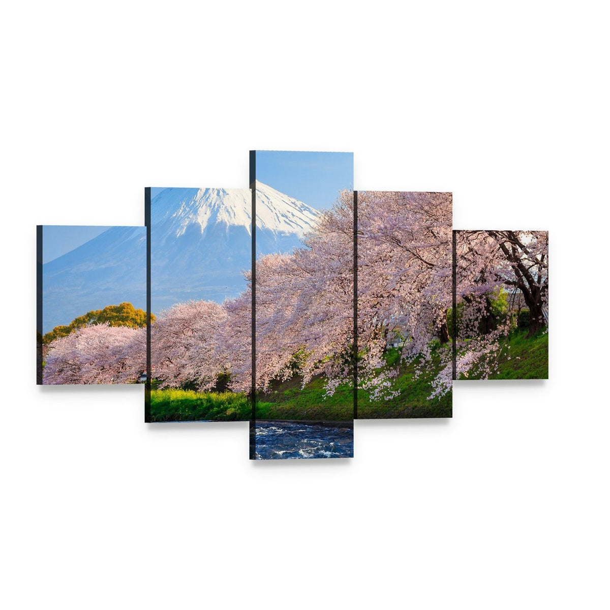 Mount Fuji and Cherry Blossoms by River Canvas Wall Art, 5 panel 5 Star layout gallery wrapped canvas set, angled product view