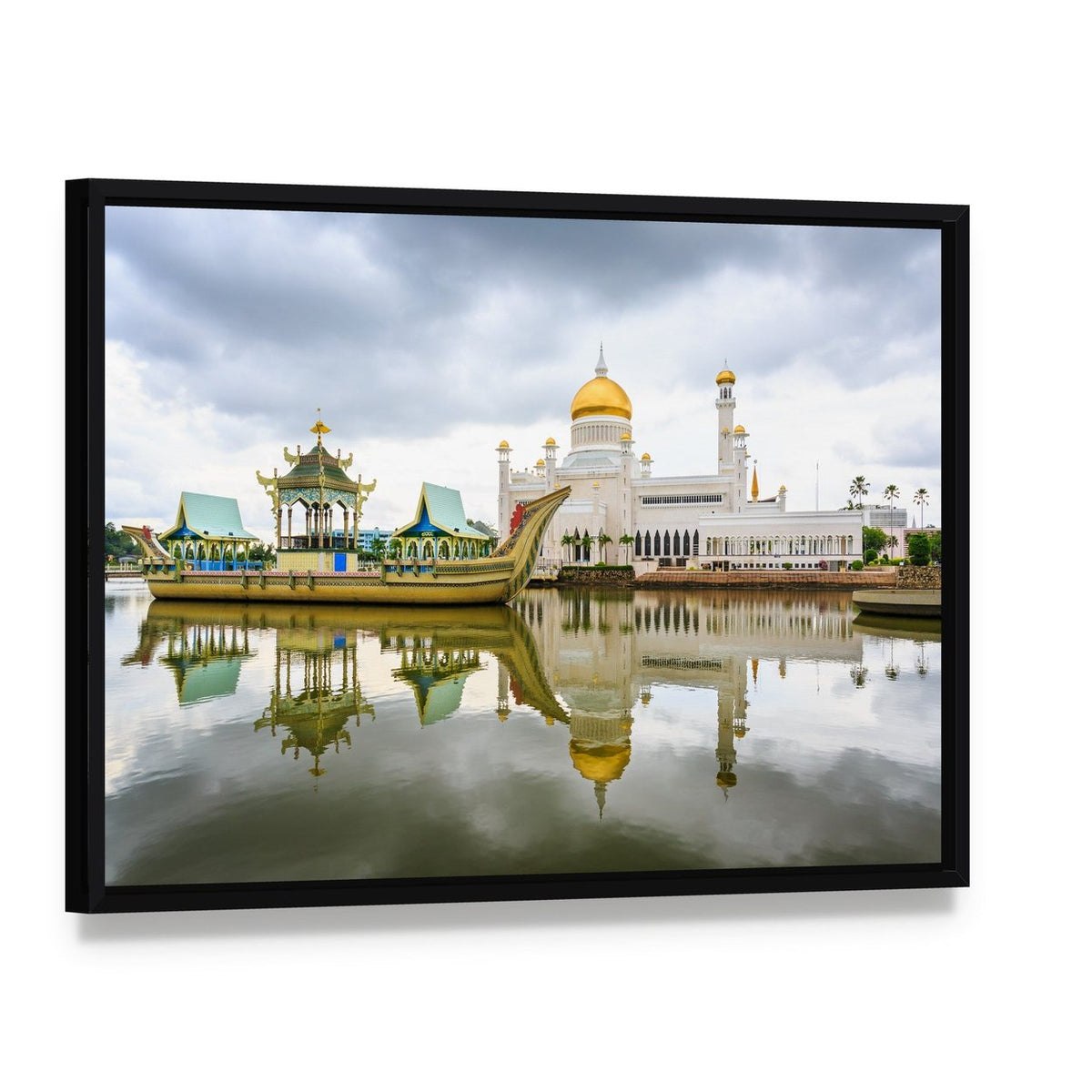 Omar Ali Saifuddien Mosque Reflection Canvas Wall Art, framed canvas in a black floater frame, angled product view