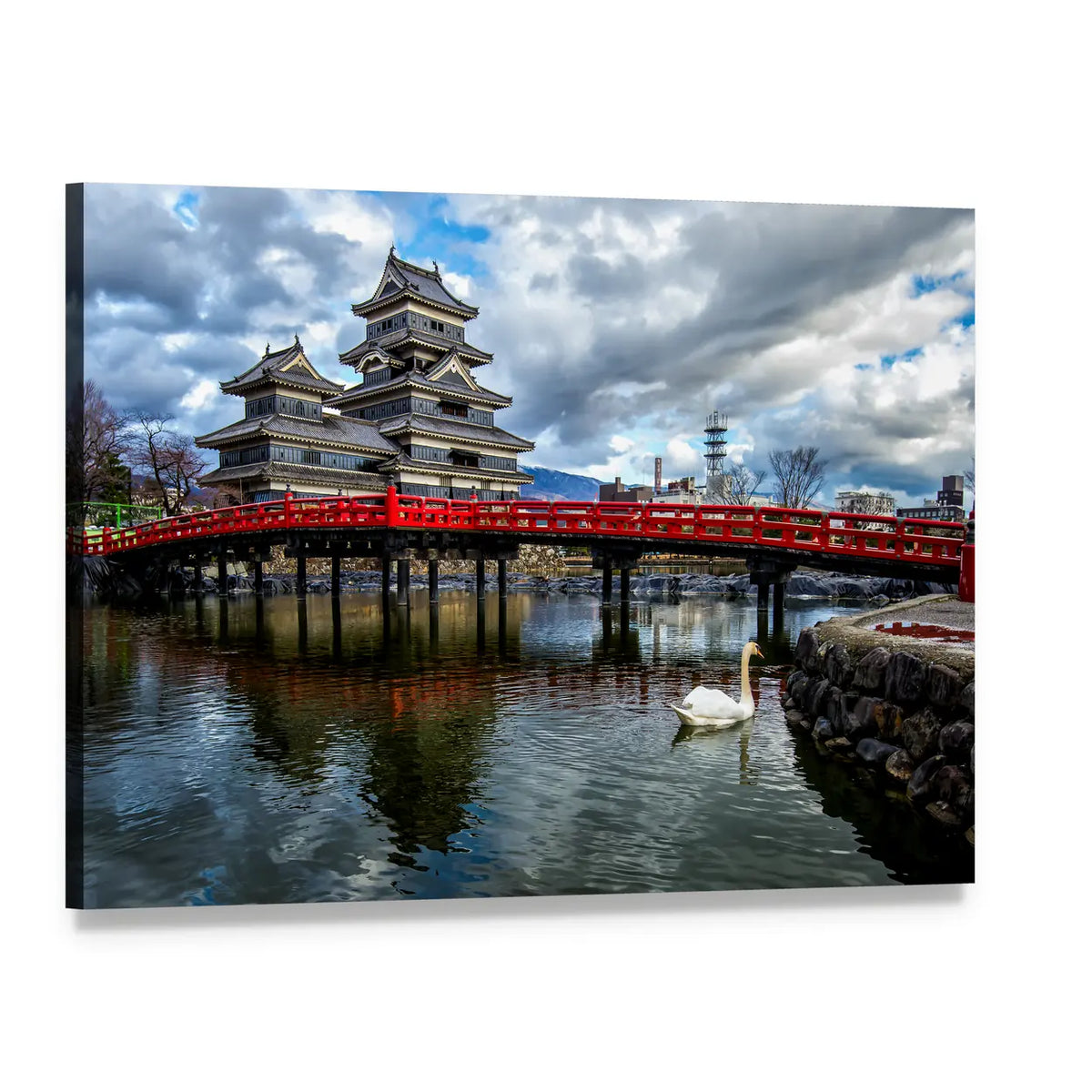 Matsumoto Castle and Red Bridge Canvas Wall Art, single panel gallery wrapped canvas, angled product view