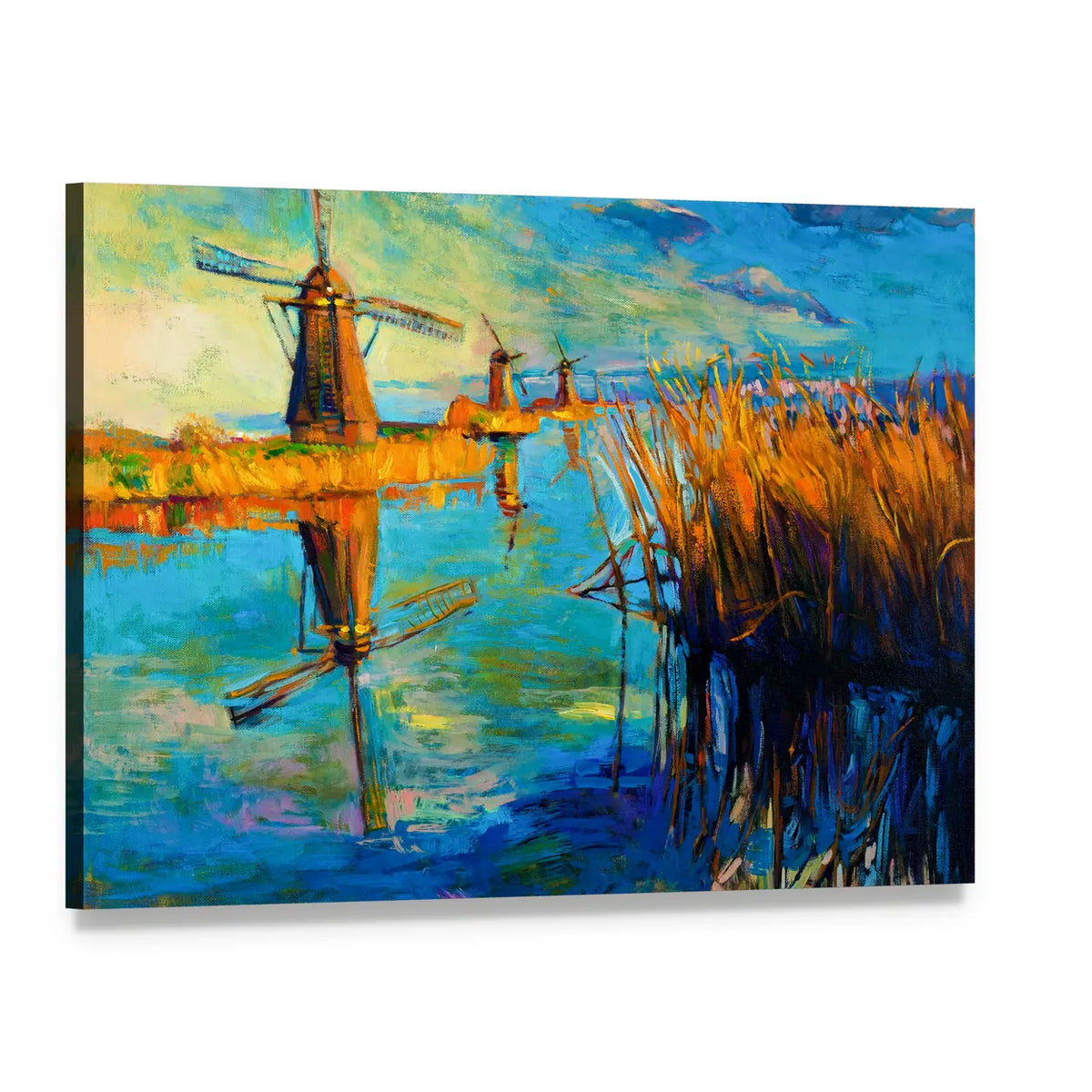 Windmill Landscape at Sunset Canvas Wall Art, single panel gallery wrapped canvas, angled product view