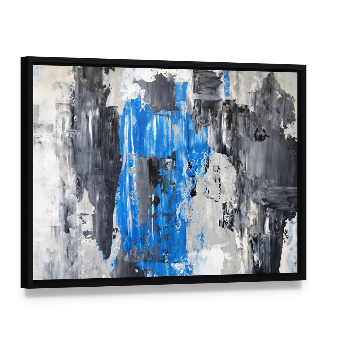 Blue Abstract with Palette Knife Texture Canvas Wall Art, framed canvas in a black floater frame, angled product view