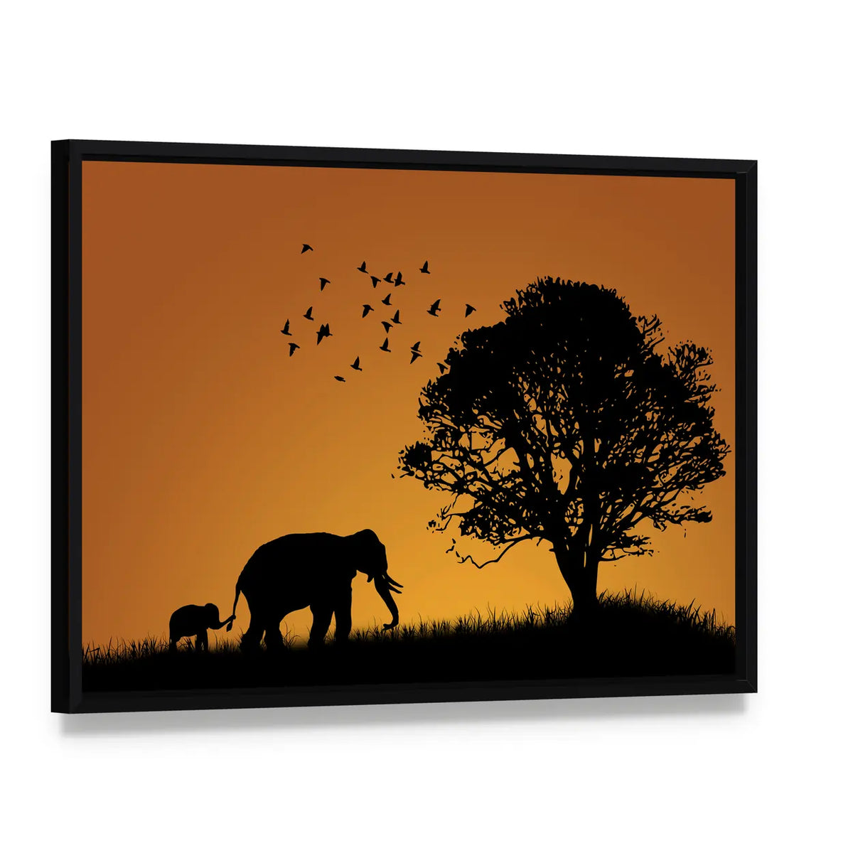 Mother Elephant and Calf at Sunset Canvas Wall Art, framed canvas in a black floater frame, angled product view