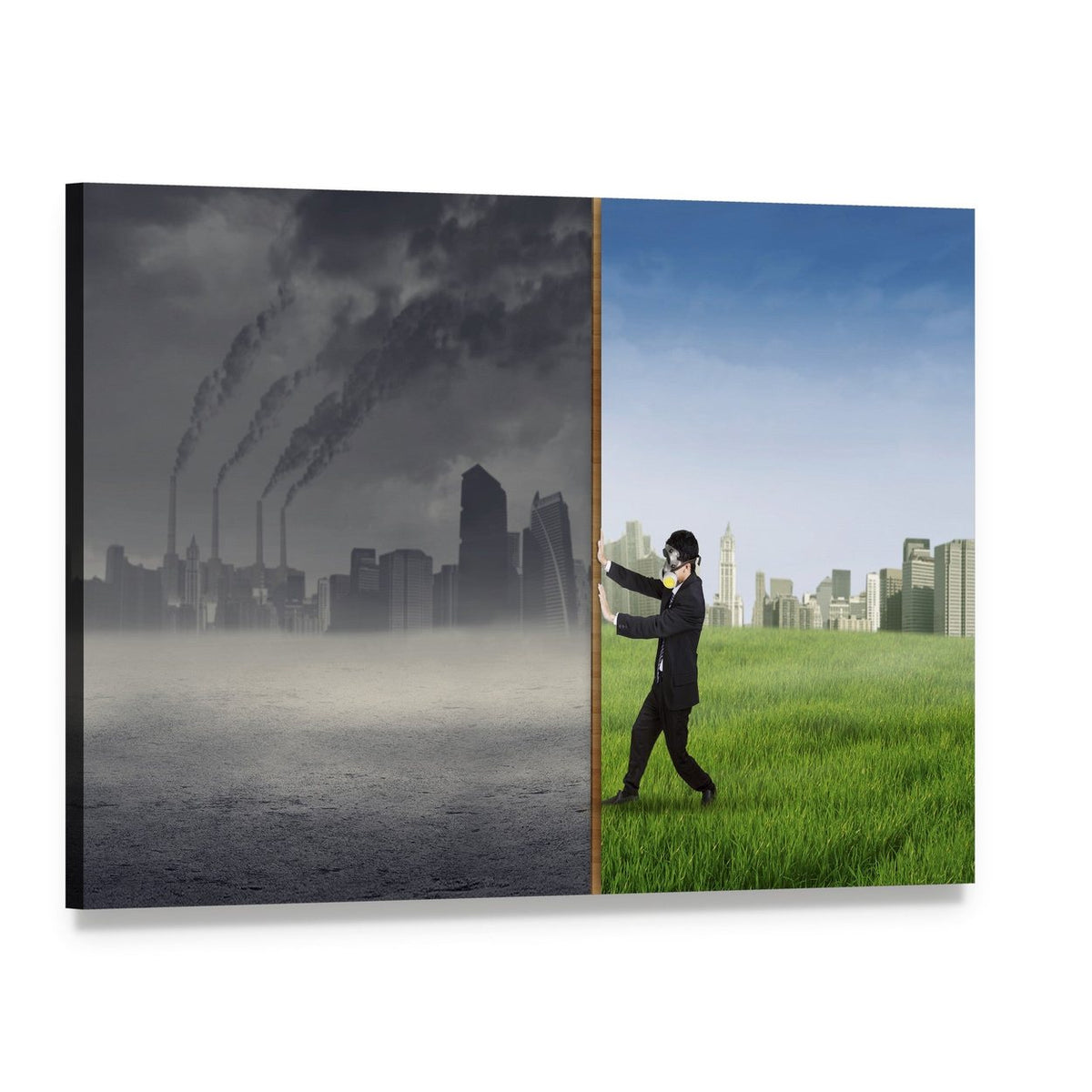 Pollution and Clean Environment Contrast Canvas Wall Art, single panel gallery wrapped canvas, angled product view
