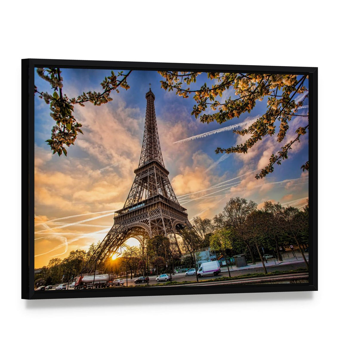 Eiffel Tower in Spring Canvas Wall Art, framed canvas in a black floater frame, angled product view