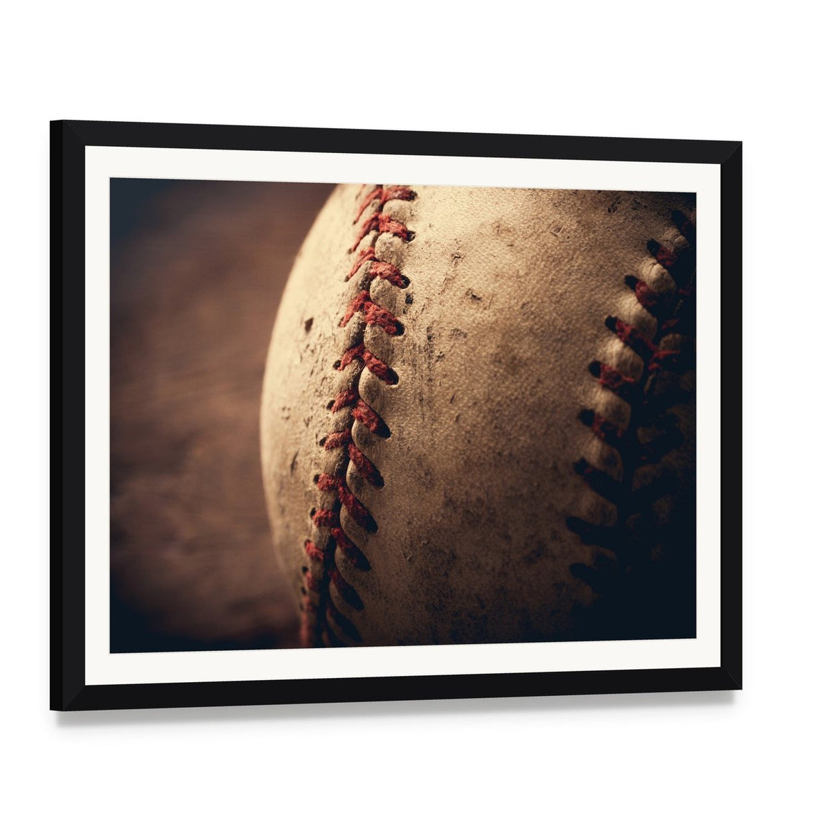 Old Baseball Canvas Wall Art, framed print with white mat and black frame, angled product view