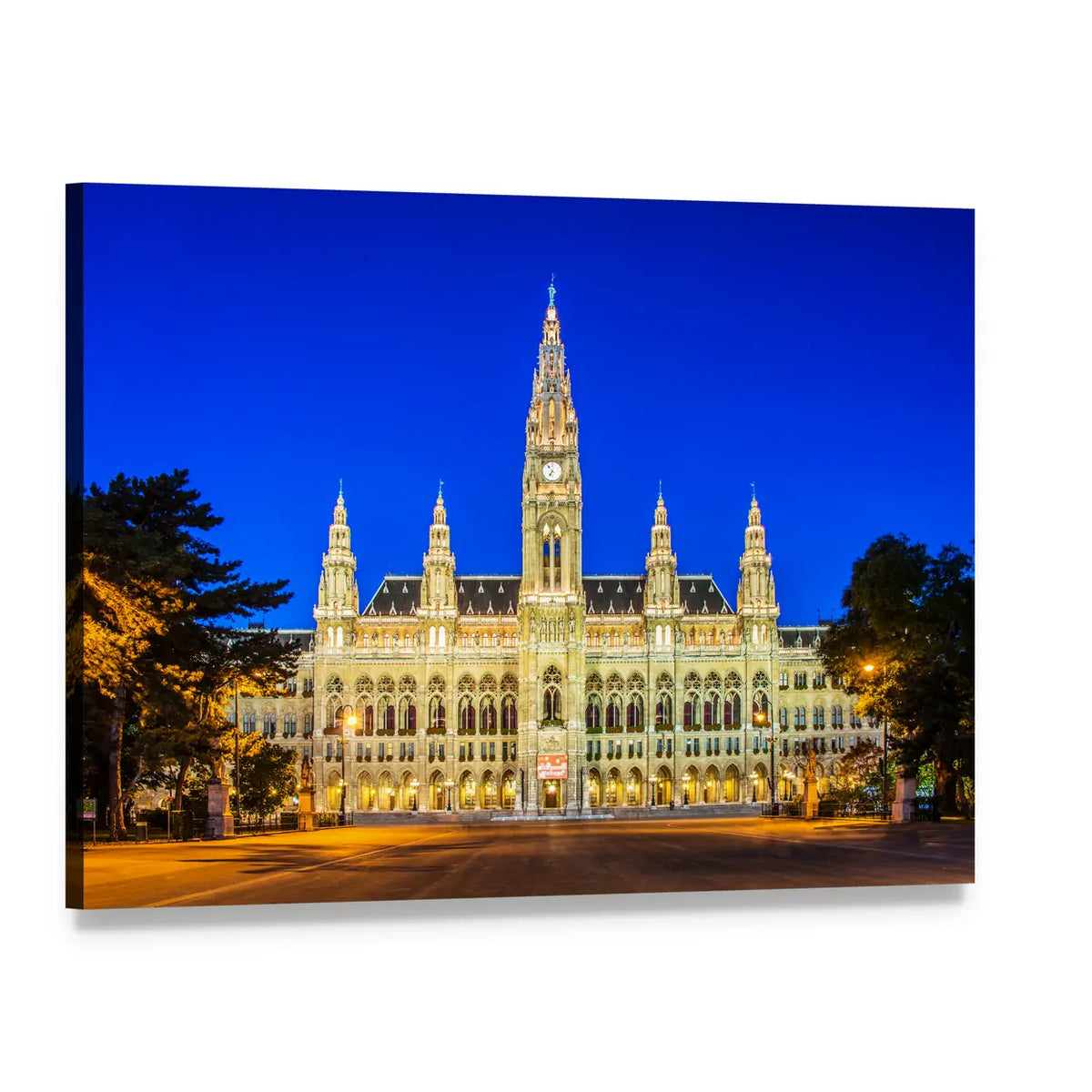 Vienna City Hall at Night Canvas Wall Art, single panel gallery wrapped canvas, angled product view