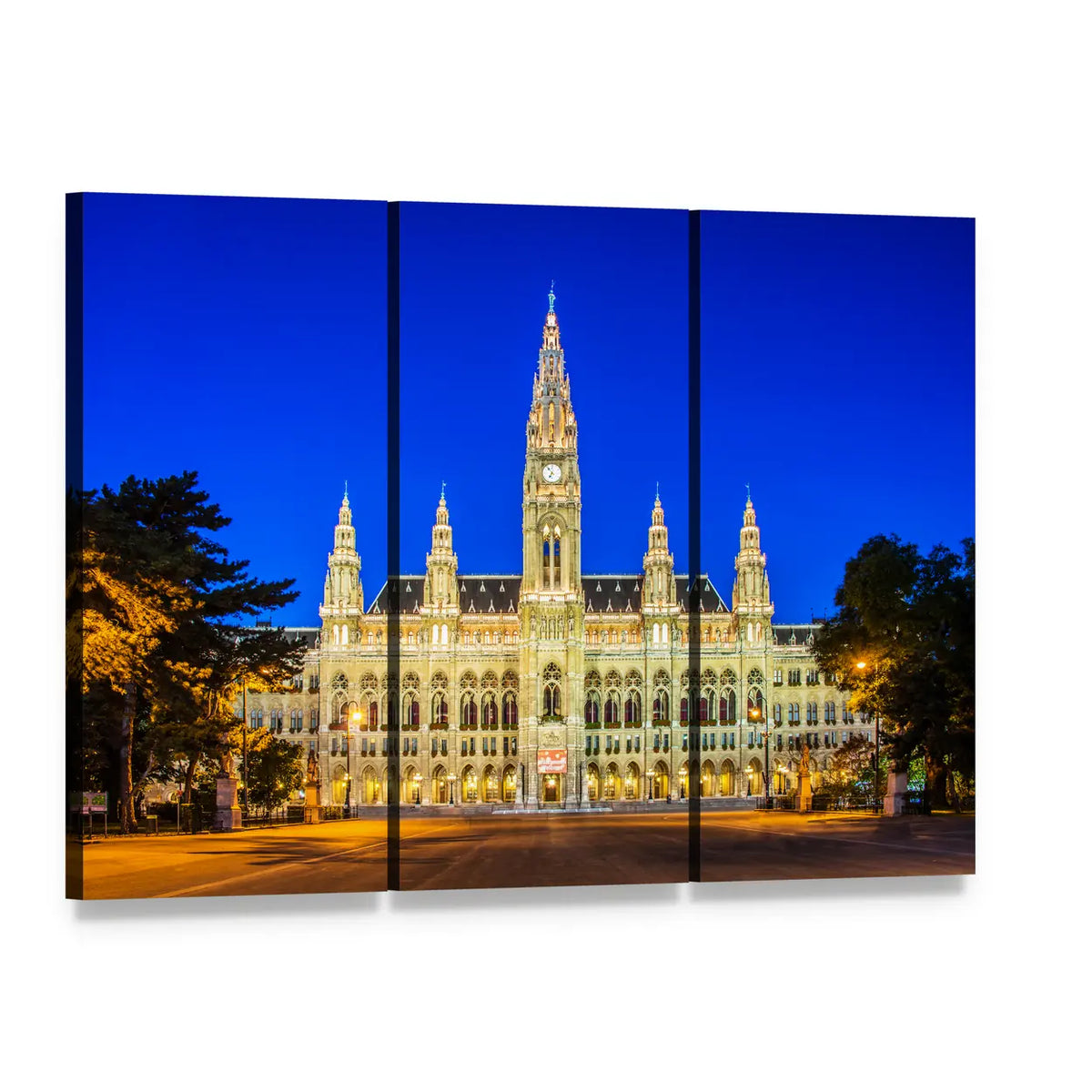 Vienna City Hall at Night Canvas Wall Art, 3 panel 3 Horizontal layout gallery wrapped canvas set, angled product view