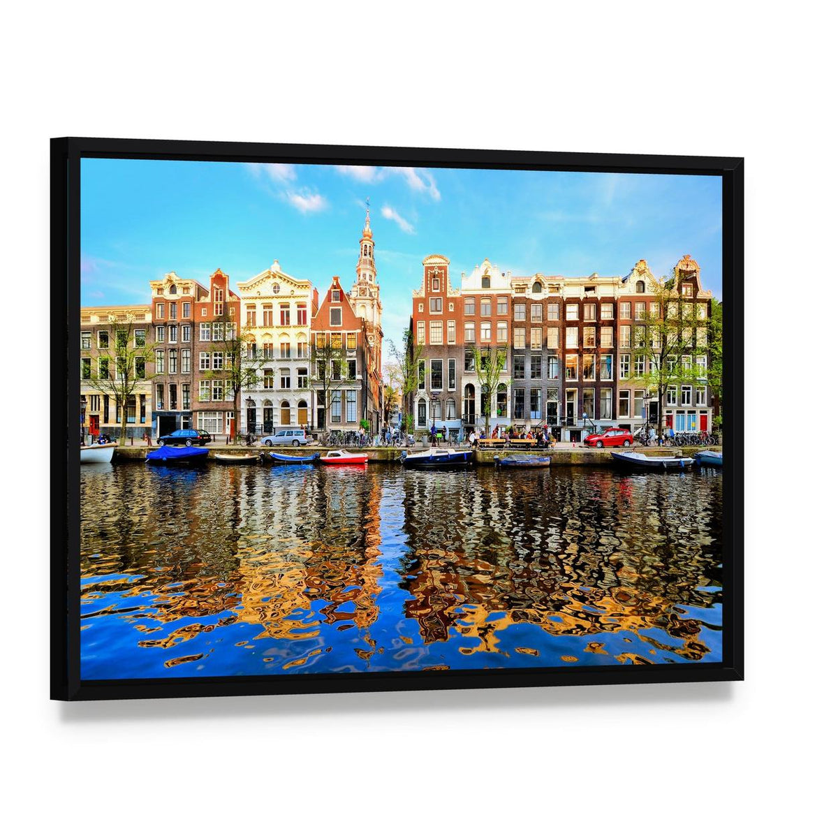 Colorful Canal Houses of Amsterdam Canvas Wall Art, framed canvas in a black floater frame, angled product view