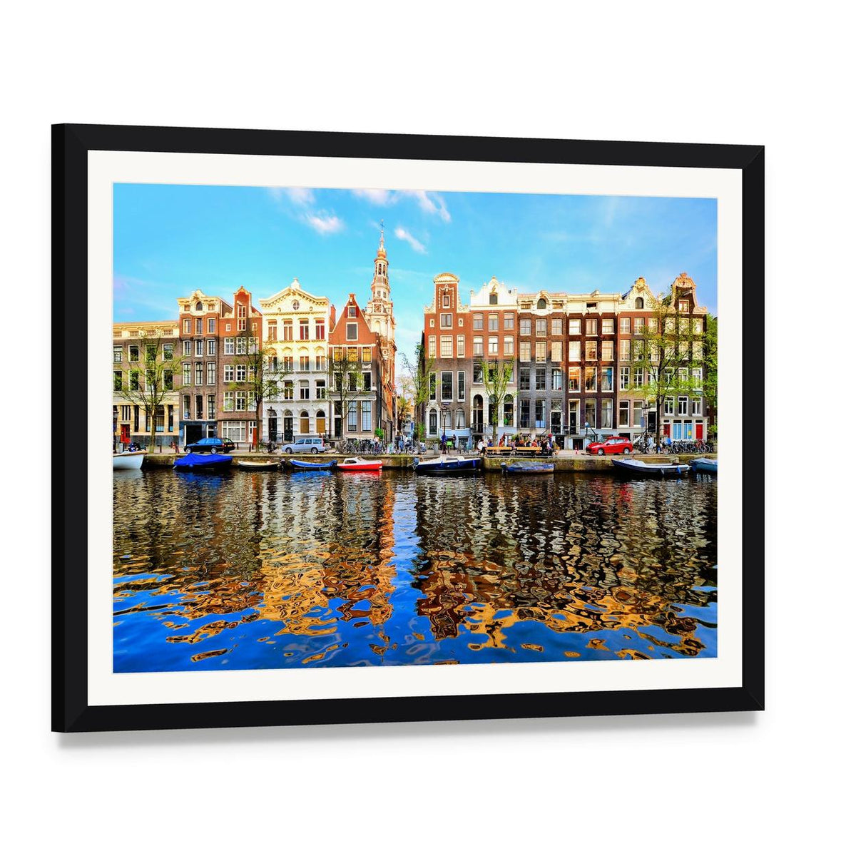 Colorful Canal Houses of Amsterdam Canvas Wall Art, framed print with white mat and black frame, angled product view