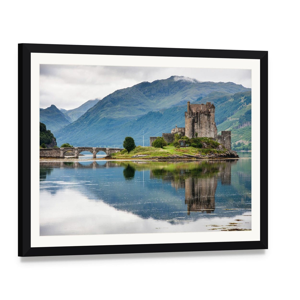 Eilean Donan Castle Canvas Wall Art, framed print with white mat and black frame, angled product view