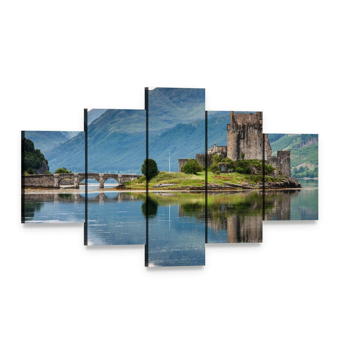 Eilean Donan Castle Canvas Wall Art, 5 panel 5 Star layout gallery wrapped canvas set, angled product view