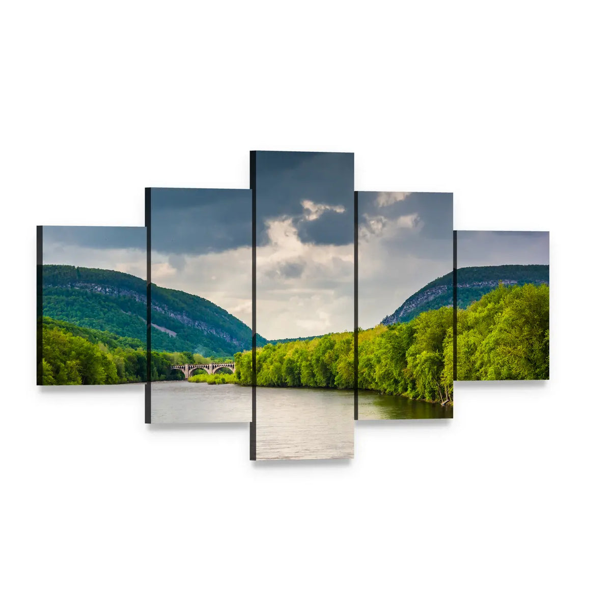 Delaware River with Stone Bridge Canvas Wall Art, 5 panel 5 Star layout gallery wrapped canvas set, angled product view