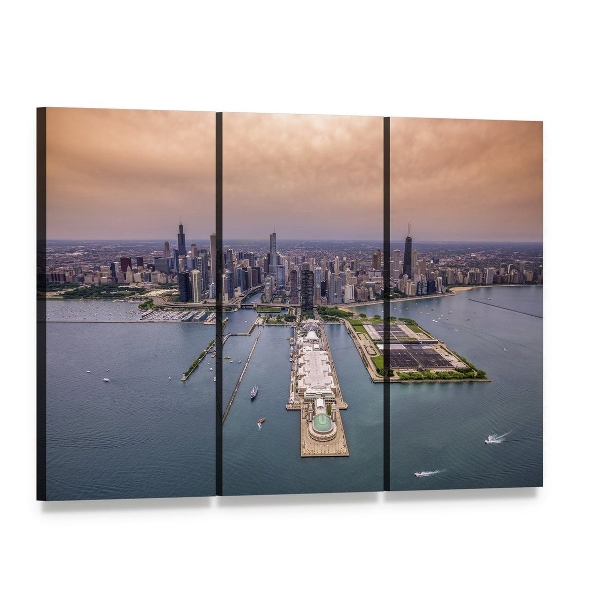 Chicago Cityscape Canvas Wall Art, 3 panel 3 Horizontal layout gallery wrapped canvas set, angled product view