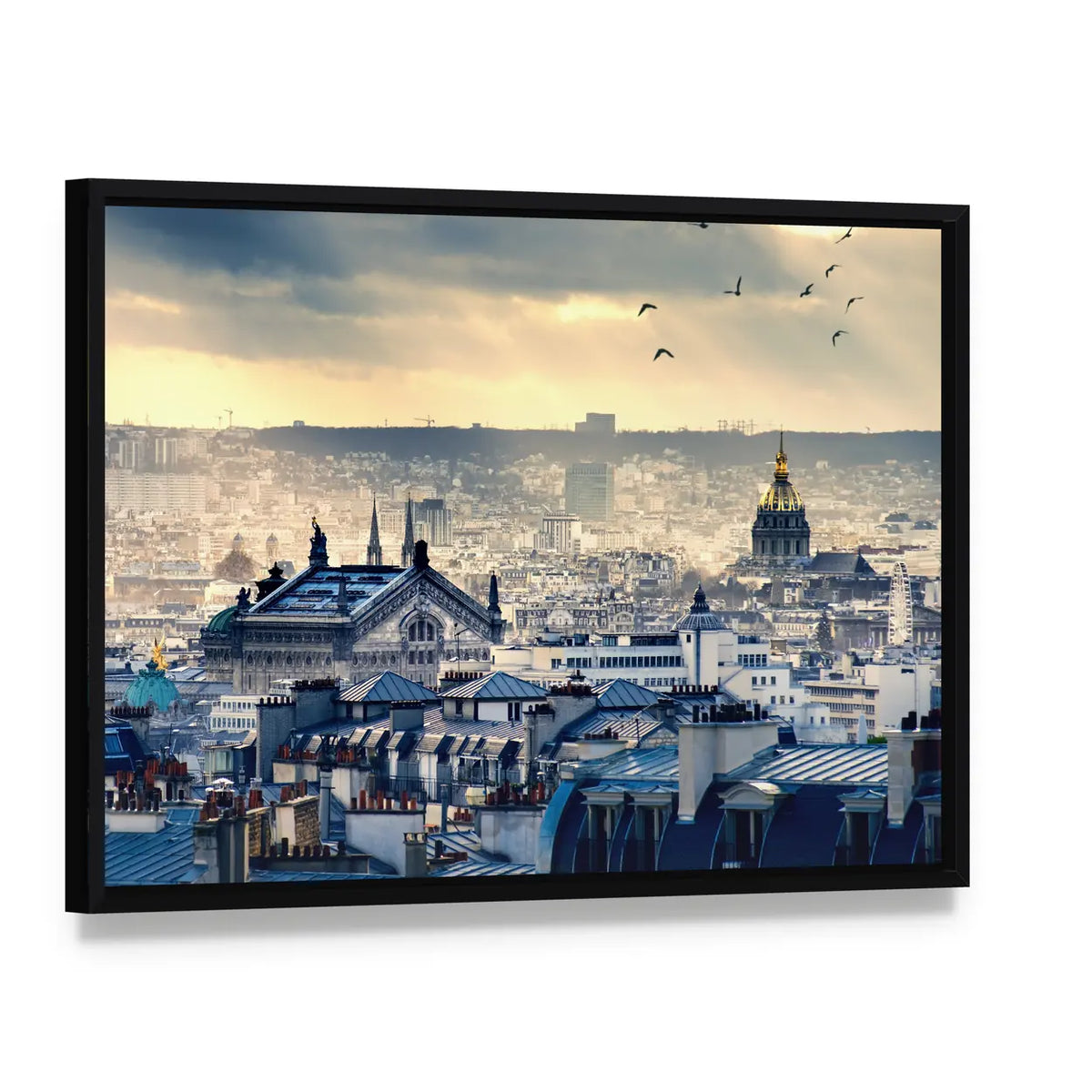 Paris Cityscape Canvas Wall Art, framed canvas in a black floater frame, angled product view