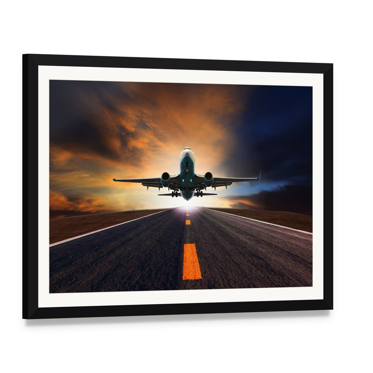 Airplane Taking Off from Runway Canvas Wall Art, framed print with white mat and black frame, angled product view