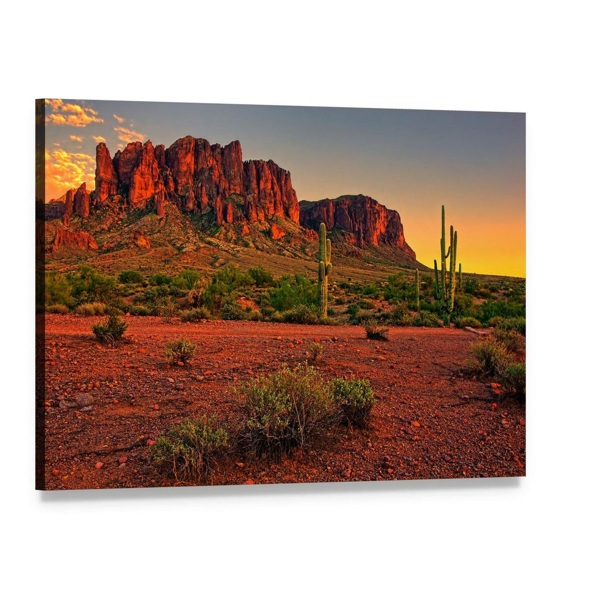 Sunset Over Desert Mountains Canvas Wall Art, single panel gallery wrapped canvas, angled product view