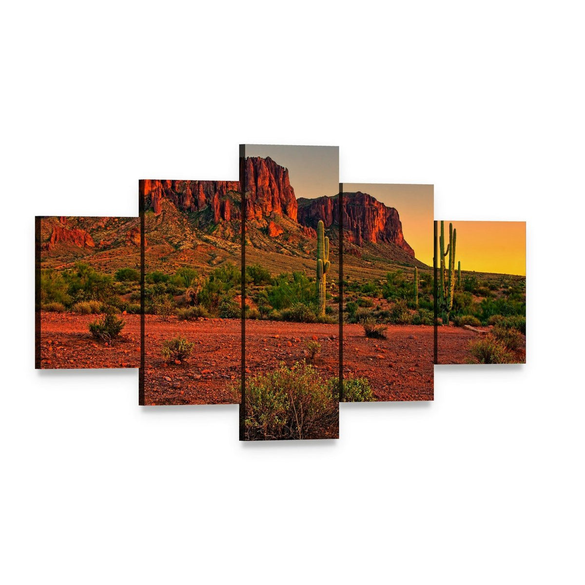 Sunset Over Desert Mountains Canvas Wall Art, 5 panel 5 Star layout gallery wrapped canvas set, angled product view