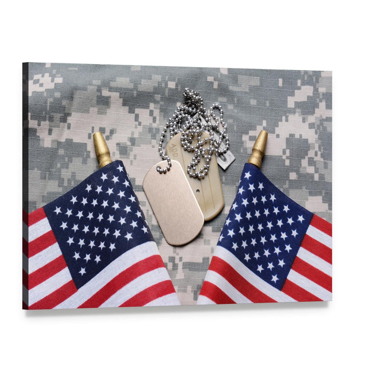 Two Crossed American Flags Canvas Wall Art, single panel gallery wrapped canvas, angled product view