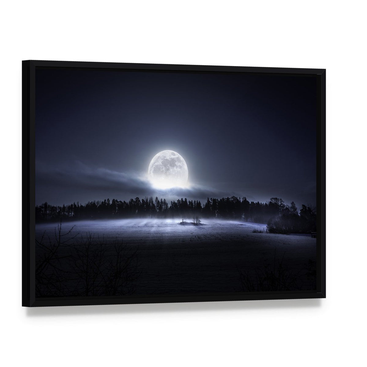 Moon Rising Over Forest Canvas Wall Art, framed canvas in a black floater frame, angled product view