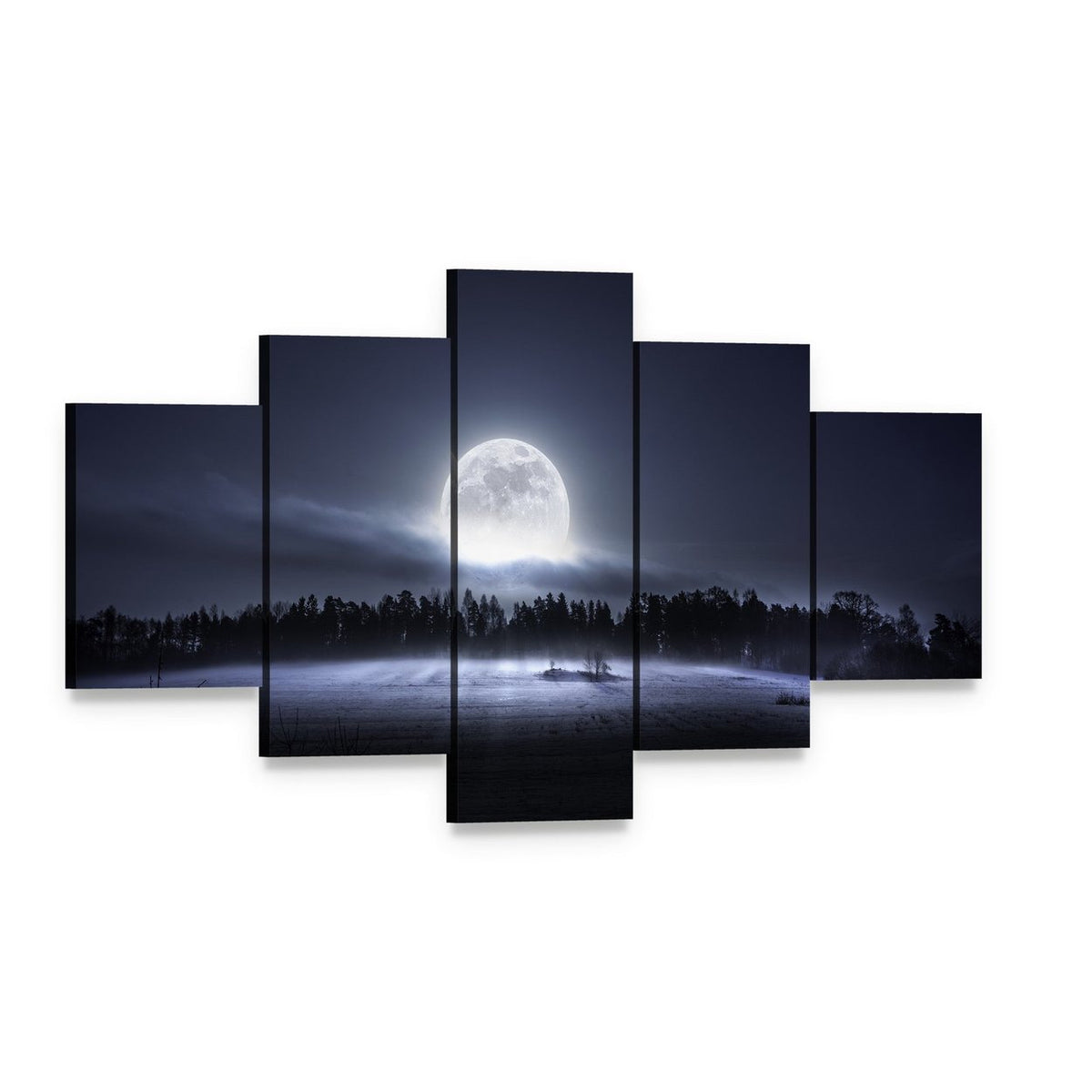 Moon Rising Over Forest Canvas Wall Art, 5 panel 5 Star layout gallery wrapped canvas set, angled product view