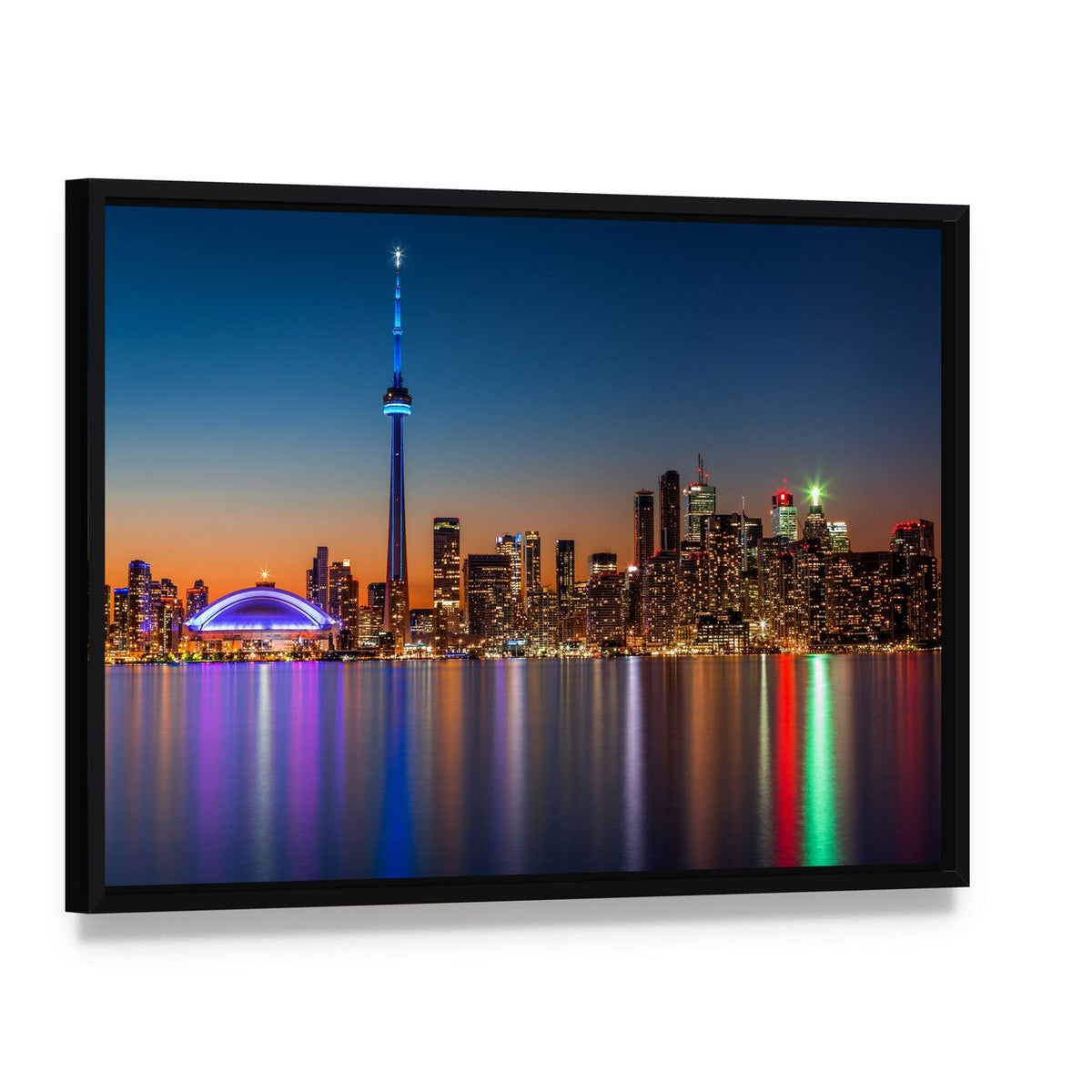 Toronto Skyline at Dusk Canvas Wall Art, framed canvas in a black floater frame, angled product view