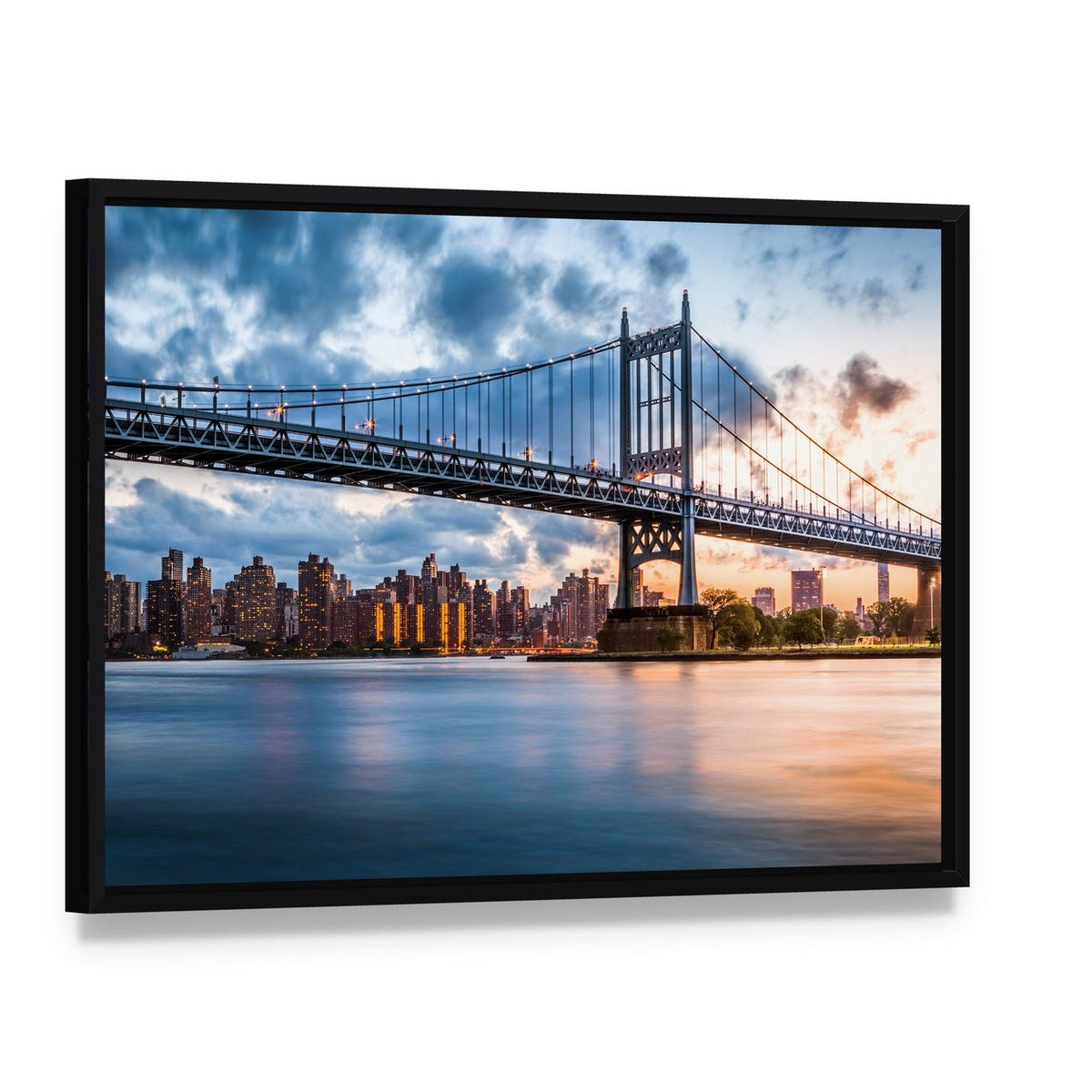Robert F Kennedy Bridge at Dusk Canvas Wall Art, framed canvas in a black floater frame, angled product view