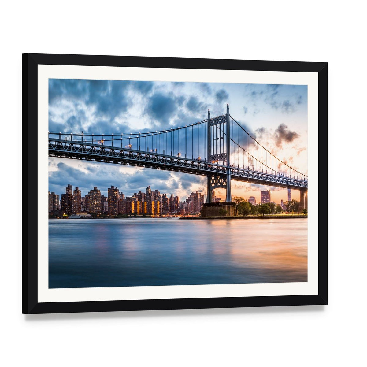 Robert F Kennedy Bridge at Dusk Canvas Wall Art, framed print with white mat and black frame, angled product view