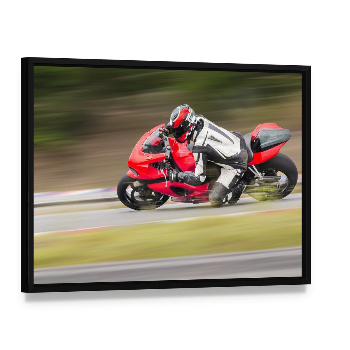 Motorcycle Racing on Track Canvas Wall Art, framed canvas in a black floater frame, angled product view