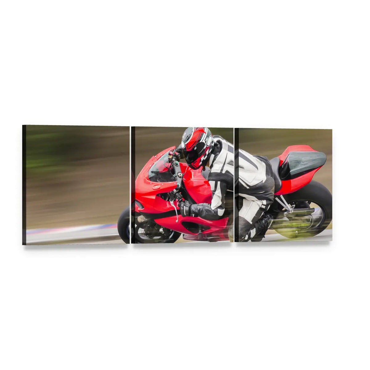 Motorcyclist Racing on Track Panoramic Canvas Wall Art, 3 panel 3 Piece layout gallery wrapped canvas set, angled product view