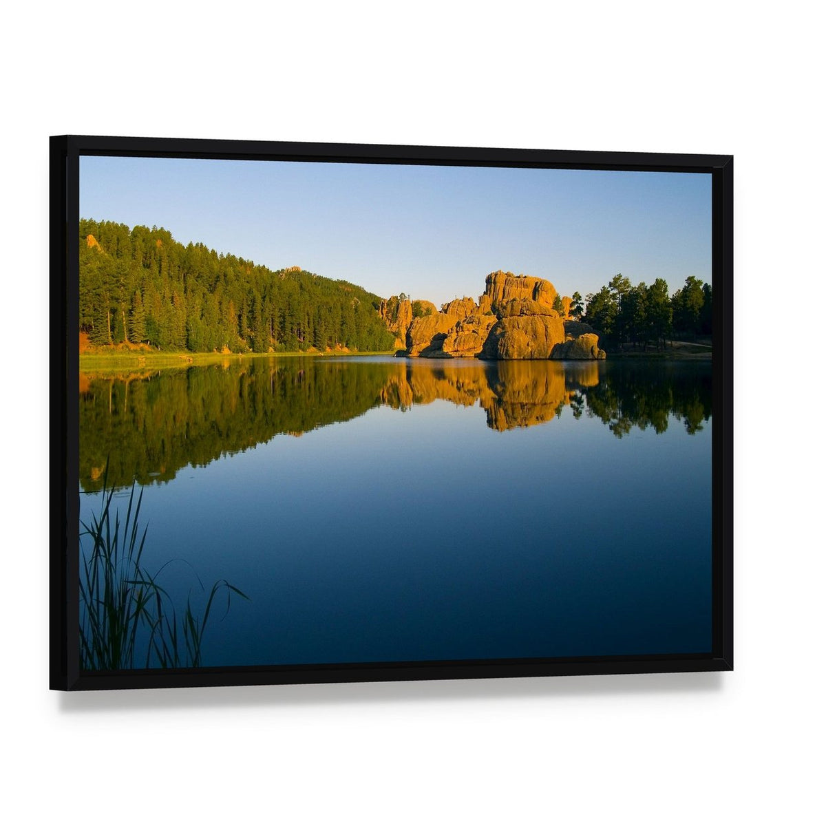 Sylvan Lake in Black Hills Canvas Wall Art, framed canvas in a black floater frame, angled product view
