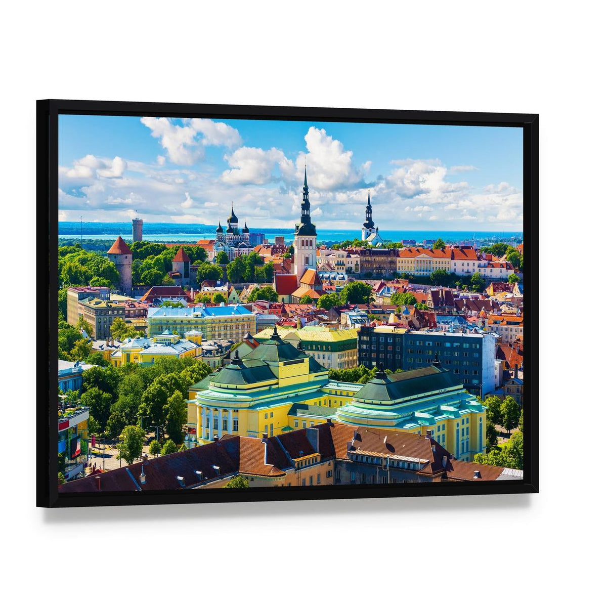 Tallinn Old Town Aerial View Canvas Wall Art, framed canvas in a black floater frame, angled product view