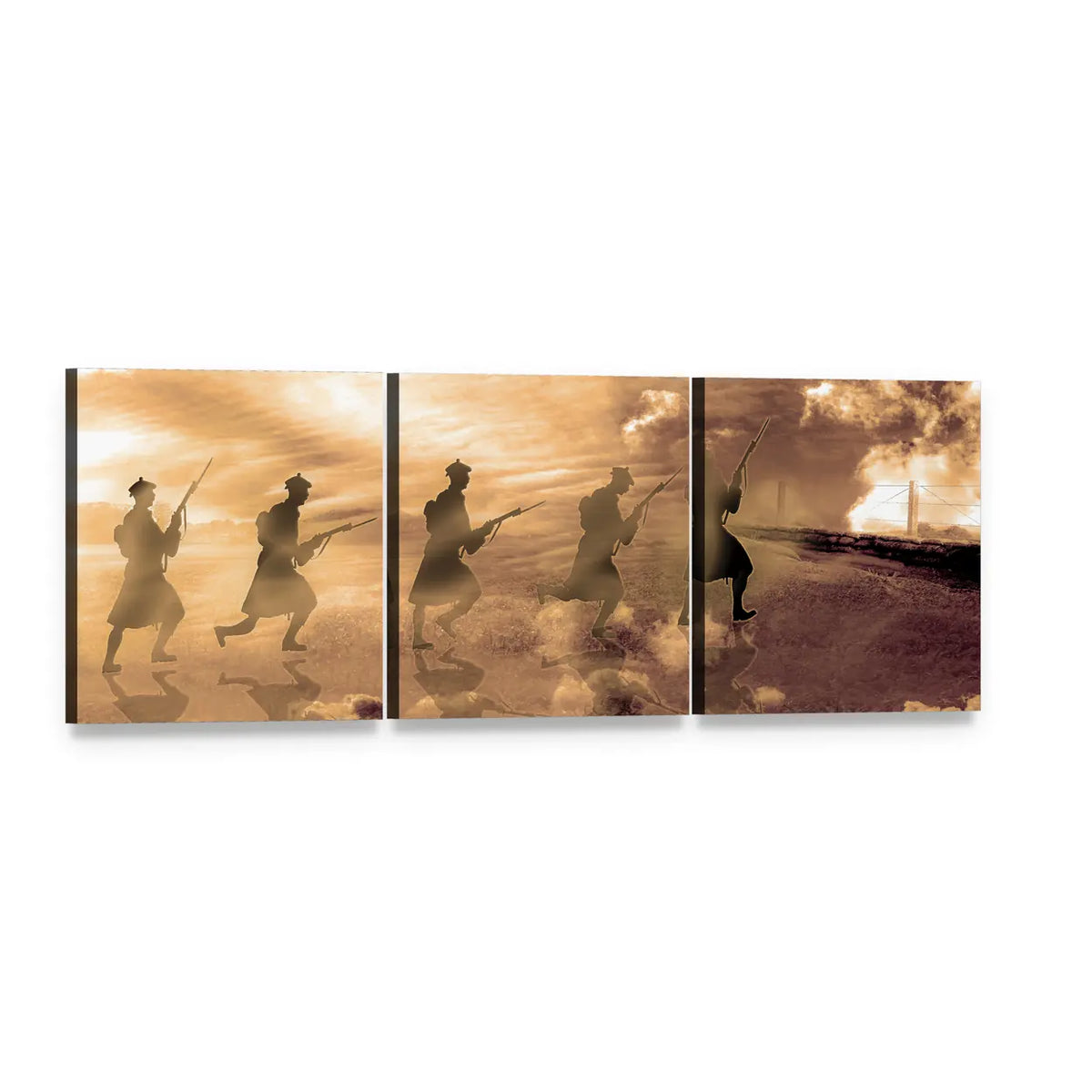 Wwi Soldiers Charging at Dawn Panoramic Canvas Wall Art, 3 panel 3 Piece layout gallery wrapped canvas set, angled product view