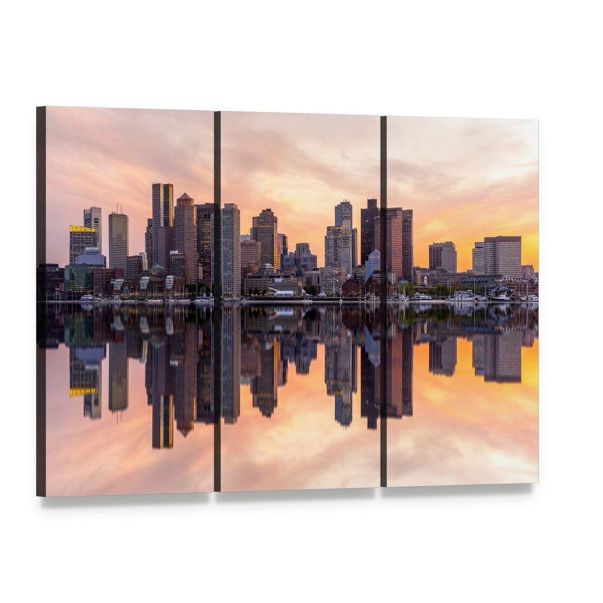 Boston Downtown Skyline Canvas Wall Art, 3 panel 3 Horizontal layout gallery wrapped canvas set, angled product view