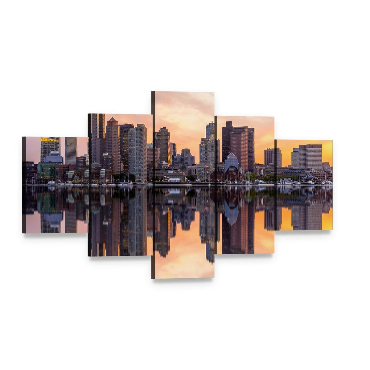 Boston Downtown Skyline Canvas Wall Art, 5 panel 5 Star layout gallery wrapped canvas set, angled product view