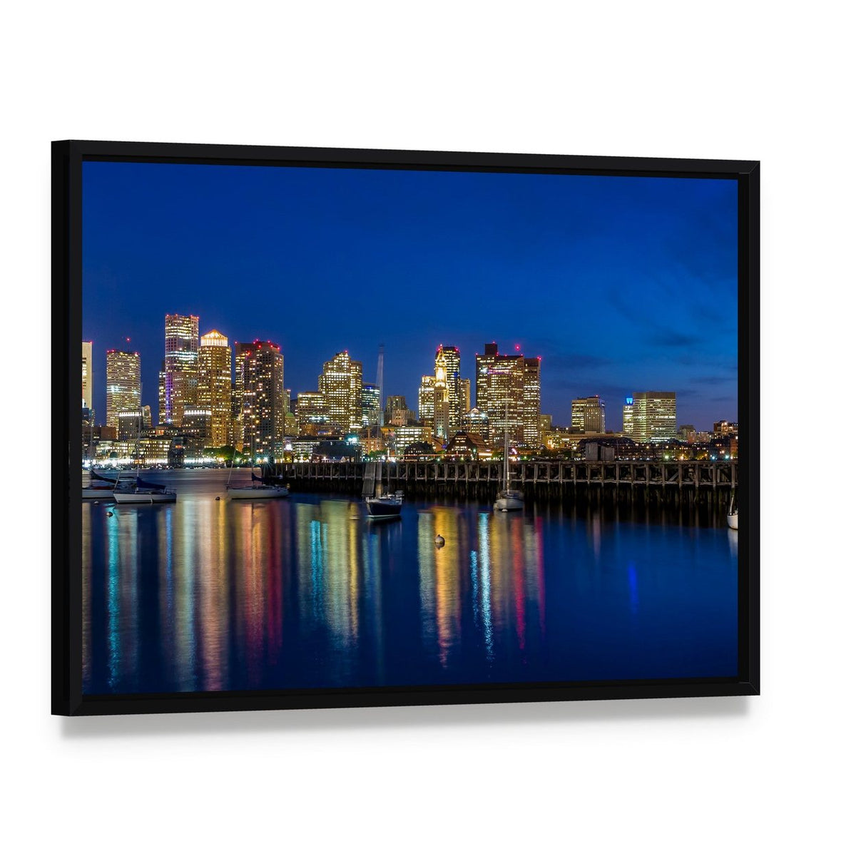 Boston Skyscrapers at Twilight Canvas Wall Art, framed canvas in a black floater frame, angled product view