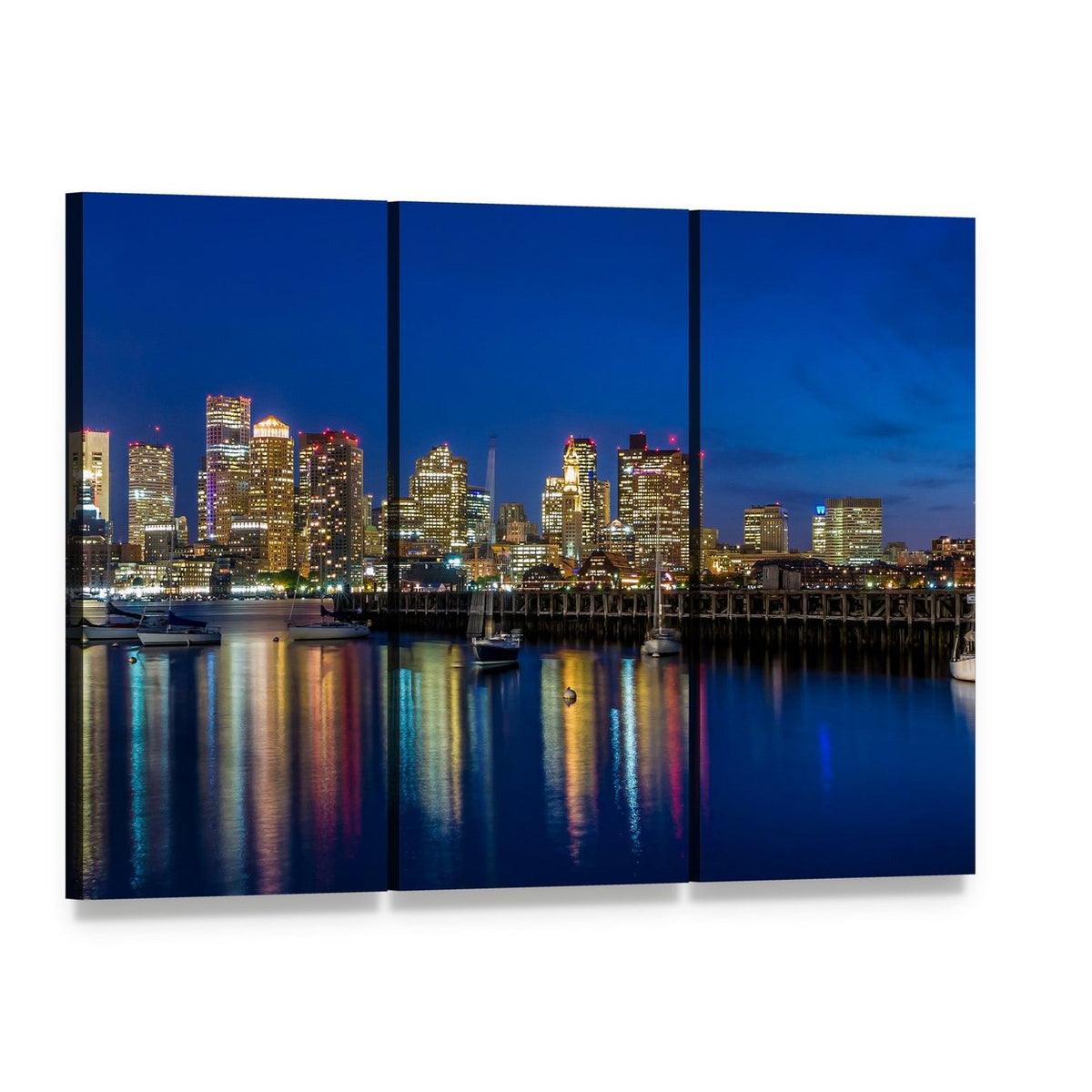 Boston Skyscrapers at Twilight Canvas Wall Art, 3 panel 3 Horizontal layout gallery wrapped canvas set, angled product view