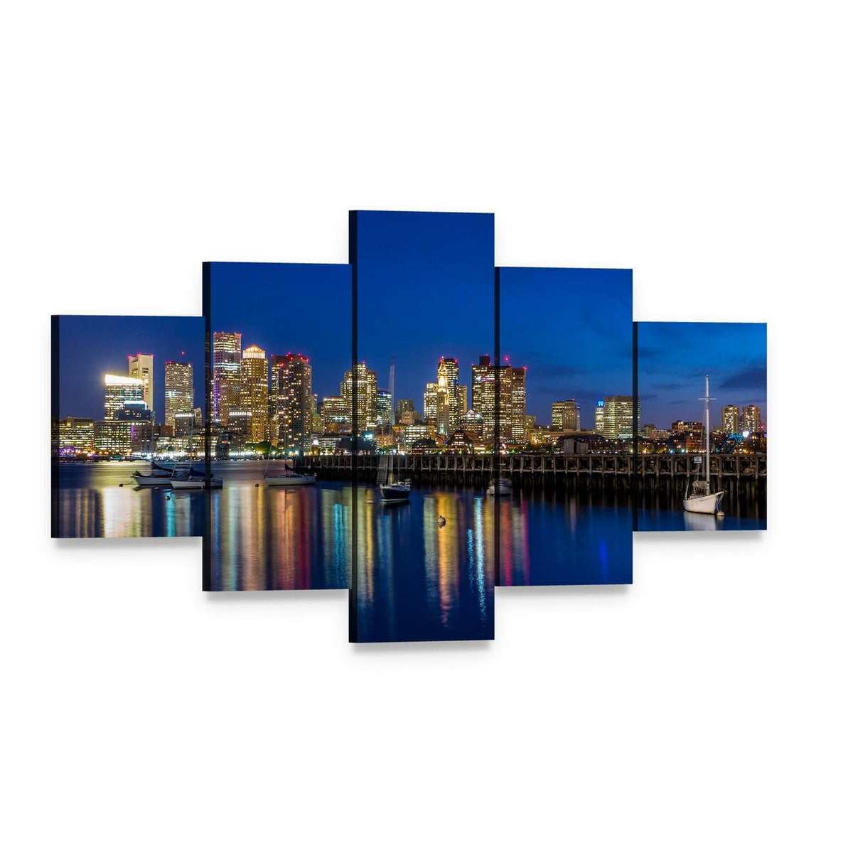 Boston Skyscrapers at Twilight Canvas Wall Art, 5 panel 5 Star layout gallery wrapped canvas set, angled product view